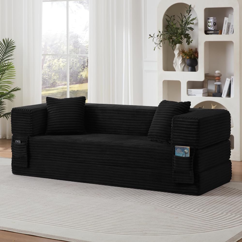 Sapgaks Sofá Convertible, Sofá Cama, Sofá 2 Plazas sin Marco, Sofá Plegable de Compresión, Diseño Cuadrado Clásico, No requiere Montaje (Verde-1)