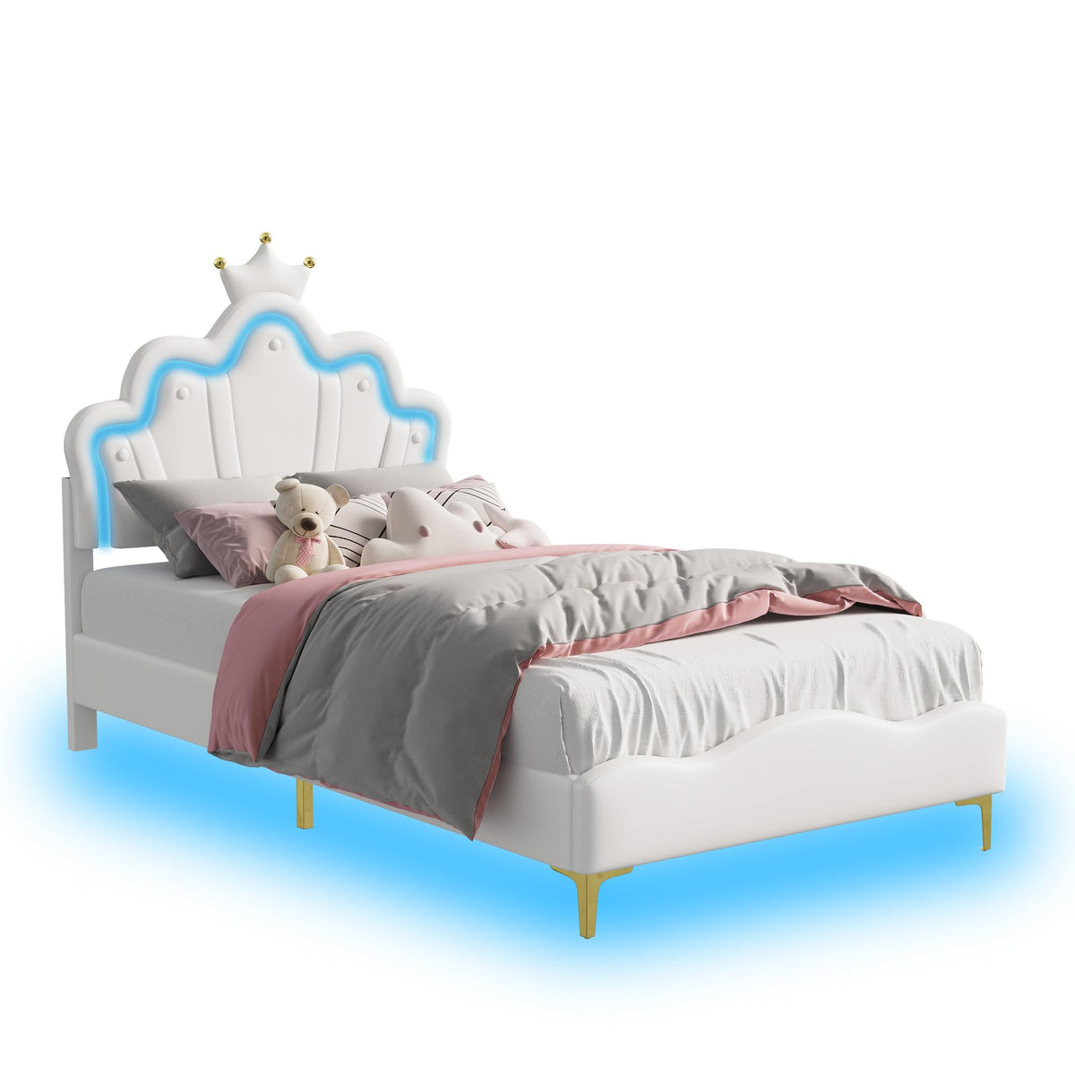 Cama Infantil tapizada 140 x 200 cm con LED, Cama tapizada para niños 140 x 200 con cabecera Ajustable Marco de Camas, Camas de Princesa para Niña en Forma de Corona con Somier(Rosa, 140 x 200)