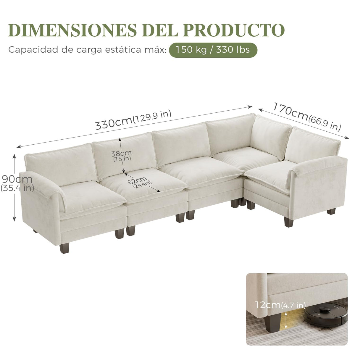ELUCHANG Sofá Nube Modular 256cm, Sofá de 3 Plazas con Asiento Profundo 62cm, Montaje sin Herramientas, Sofá Moderno de Chenilla para Salón y Habitación, Gris Perla
