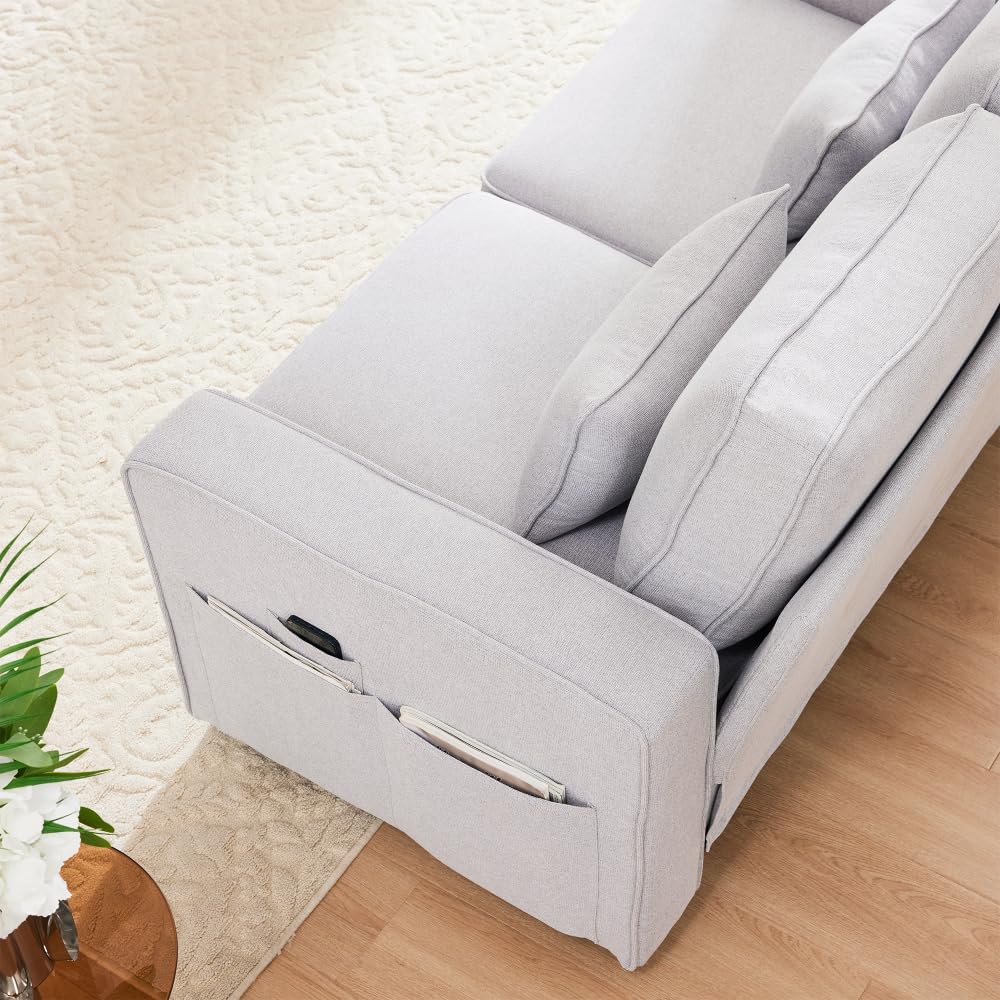 Lubvtti Sofá moderno de 4 plazas con bolsillos para reposabrazos y 4 cojines, con consola, 2 portavasos y 2 enchufes USB, de lino, adecuado para muchas ocasiones (Dark Gris+USB)