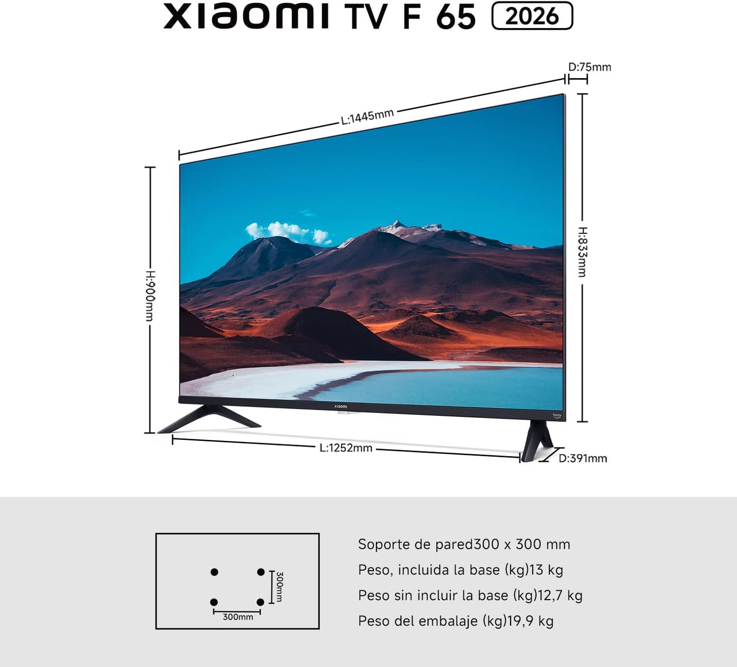 XIAOMI TV F 65, 65 Pulgadas (165 cm), 4K UHD, Smart TV, Fire OS8, Control por Voz Alexa, HDR10, MEMC, Modo Game Boost 120Hz, Compatible con Apple AirPlay