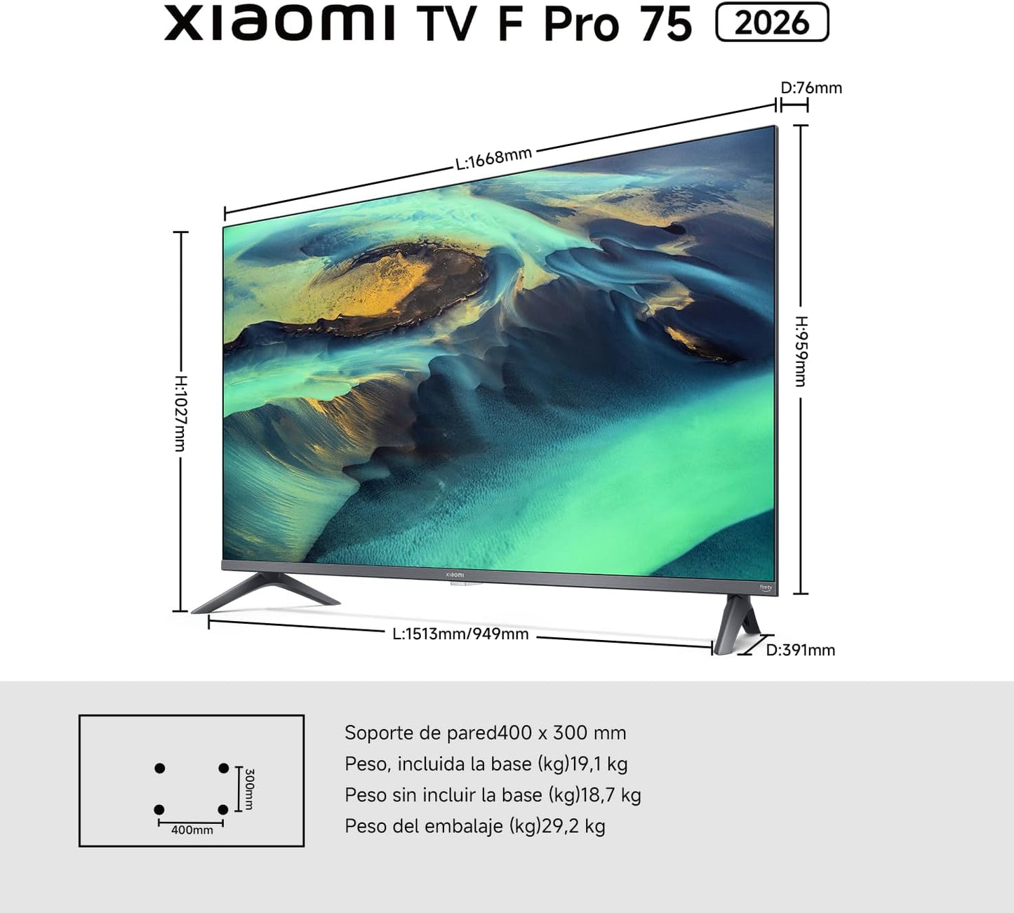 XIAOMI TV F Pro 75, 75 Pulgadas (190 cm), 4K UHD QLED, Smart TV, Fire OS8, Control por Voz Alexa, HDR10+, Modo Game Boost 120Hz, MEMC, Compatible con Apple AirPlay