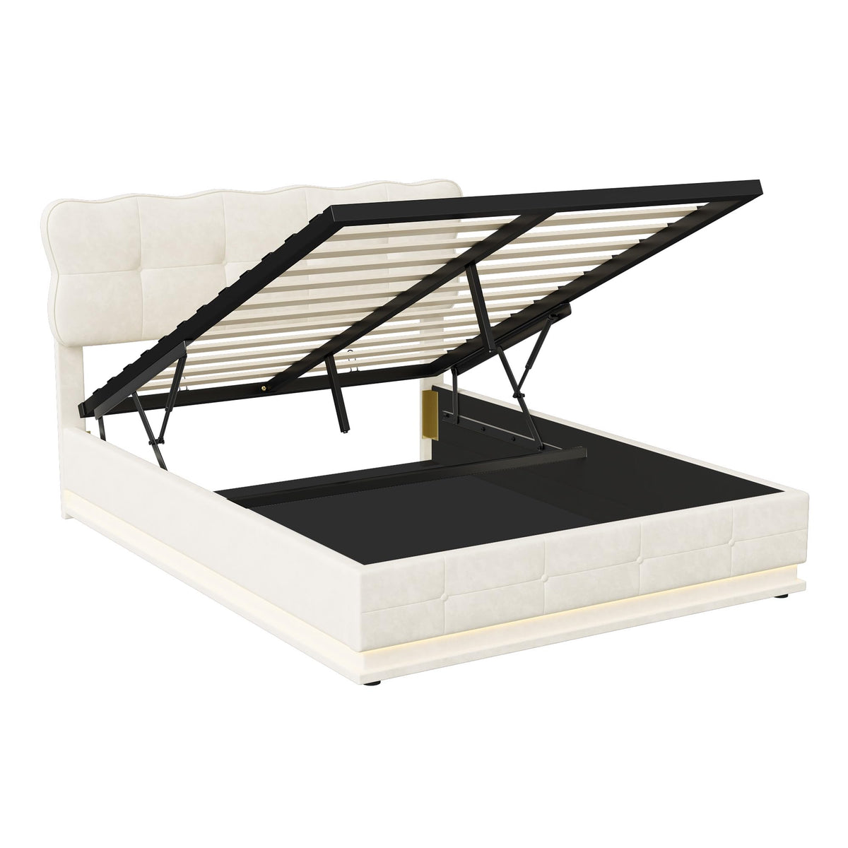 BRILVERDE Cama Tapizada 140x200 con Almacenamiento hidráulico, Cama matrimonial con Toma USB y luz LED, Cabecero Acolchado y Base de Láminas, Terciopelo (Beige, 140 x 200 cm)