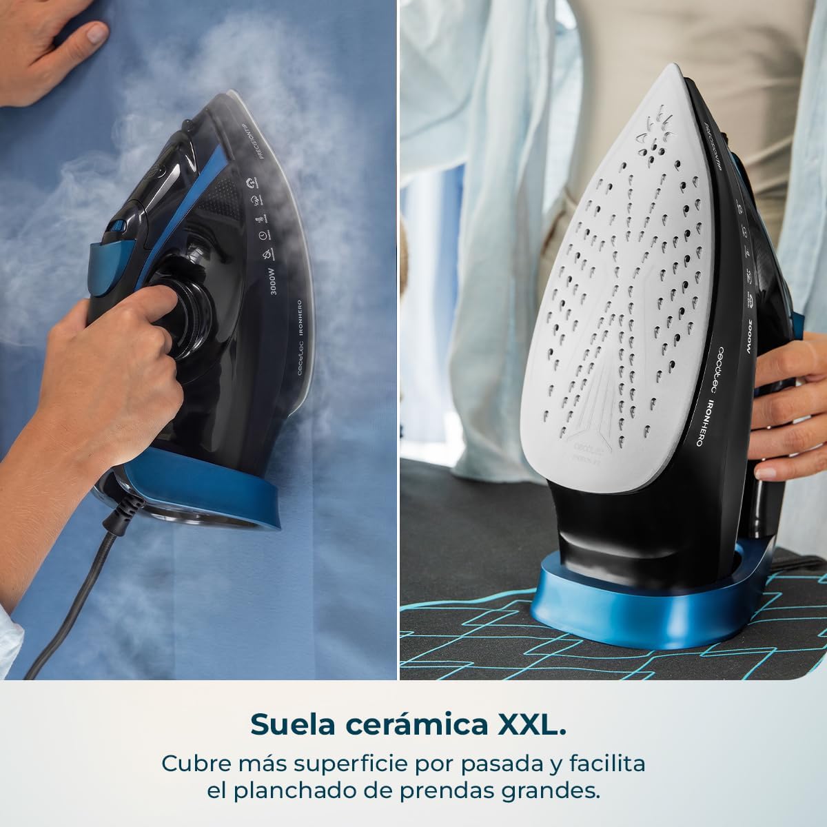 Cecotec Plancha de Ropa IronHero H-3000 Ceramic. Gran Potencia de 3000 W, Calentamiento Rápido, Suela Cerámica XXL, Elimina Arrugas Difíciles, Sistema Antical, Antigoteo y Apagado Automático