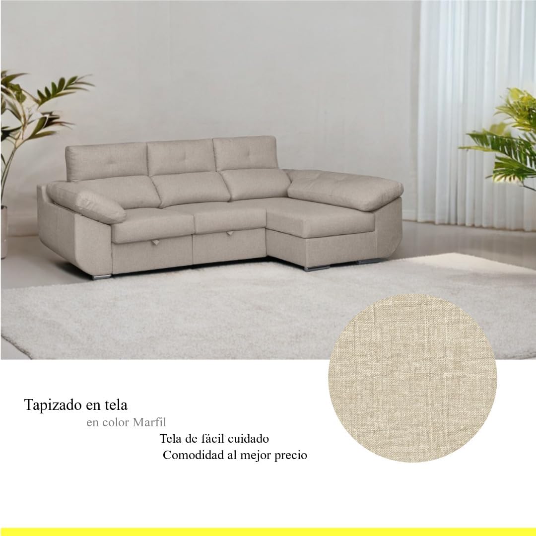 SHIITO | Modelo Avril - Sofá 3 Plazas Derecha con Chaiselongue y Asientos Deslizantes | Diseño Moderno y Sofisticado | 280 x 150 x 100 cm - Color Marfil