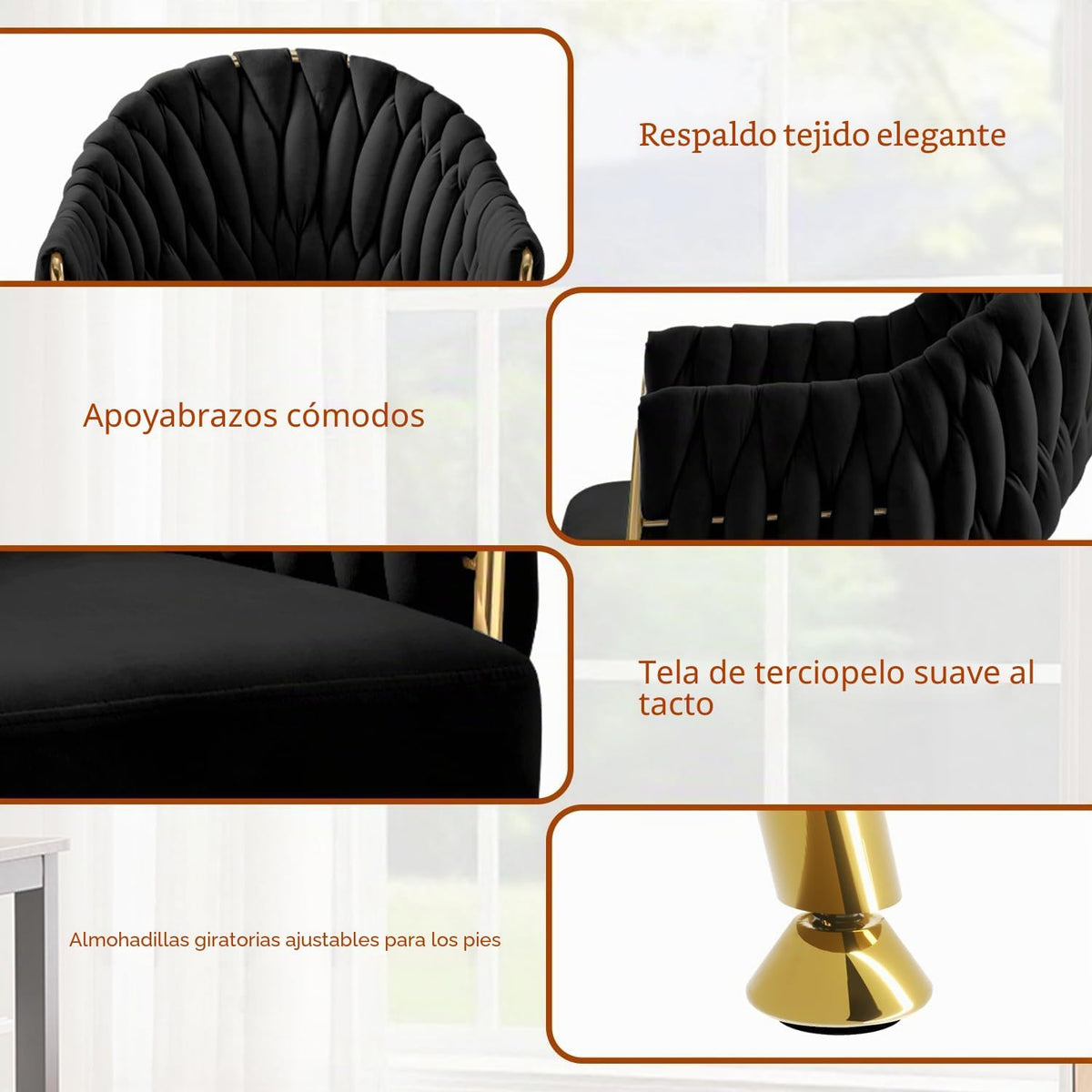 Juego de 4 sillas de comedor de terciopelo, sillones de salón, sillas de comedor con reposabrazos, sillas de cocina con respaldo alto trenzado a mano, silla de tocador con patas doradas