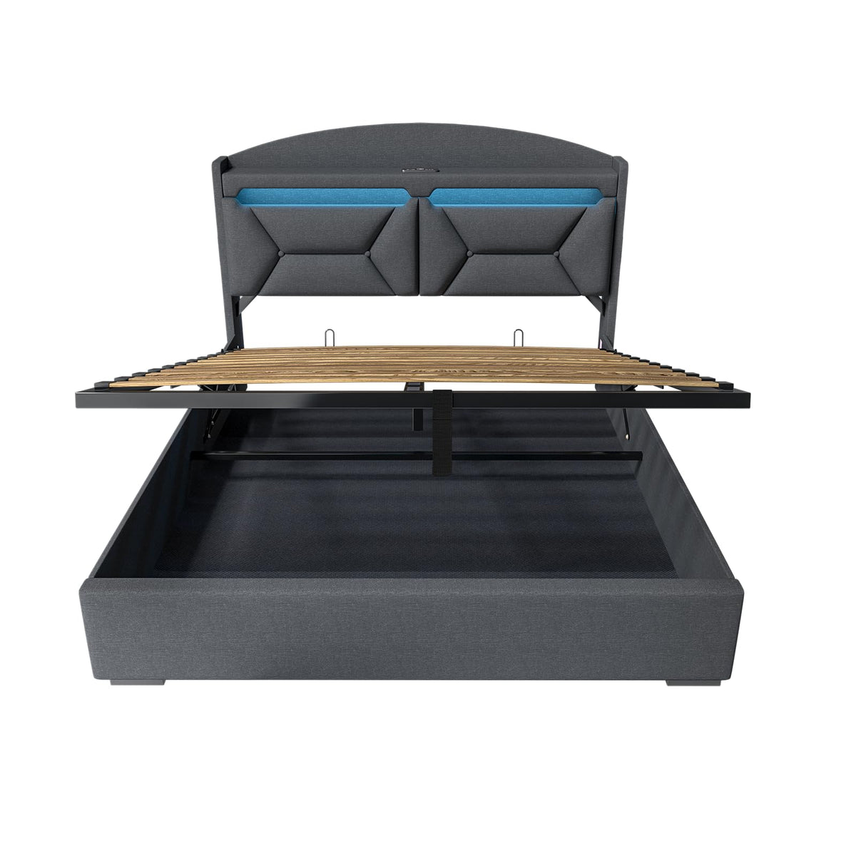 Cama 90x200 cm con Almacenamiento, Cama Individual con LED, Puertos USB y Type-C, Somier 90x200 Hidráulico, Camas Juveniles Camas Infantiles con Cabecero, Lino, Beige, Colchón No Incluido