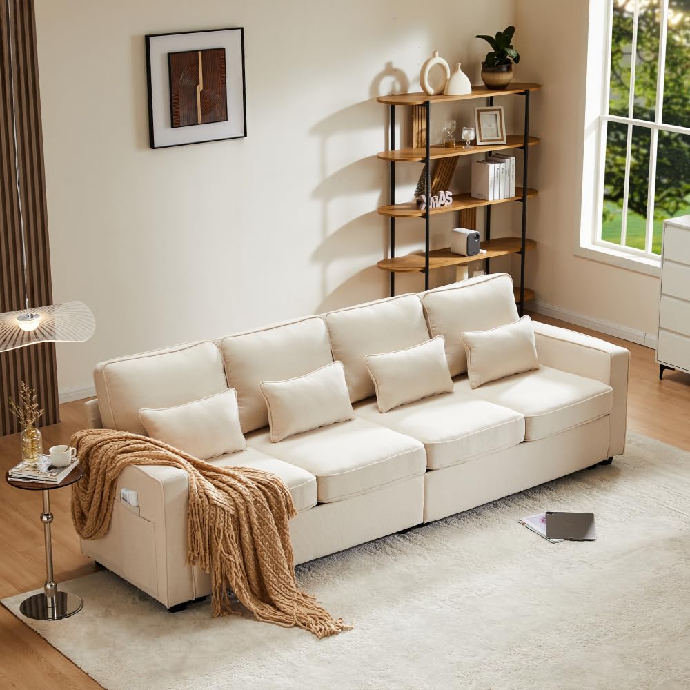 Lubvtti Sofá moderno de 4 plazas con bolsillos para reposabrazos y 4 cojines, con consola, 2 portavasos y 2 enchufes USB, de lino, adecuado para muchas ocasiones (Dark Gris+USB)