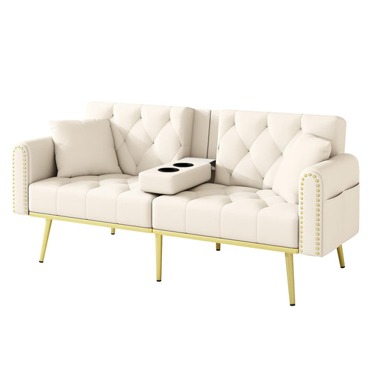 Azkoeesy Sofá cama de 2 plazas con soporte para bebidas, 175 cm, sofá cama con función de dormir, respaldo ajustable en 3 posiciones, patas metálicas doradas y remaches, para sala de estar y cine en
