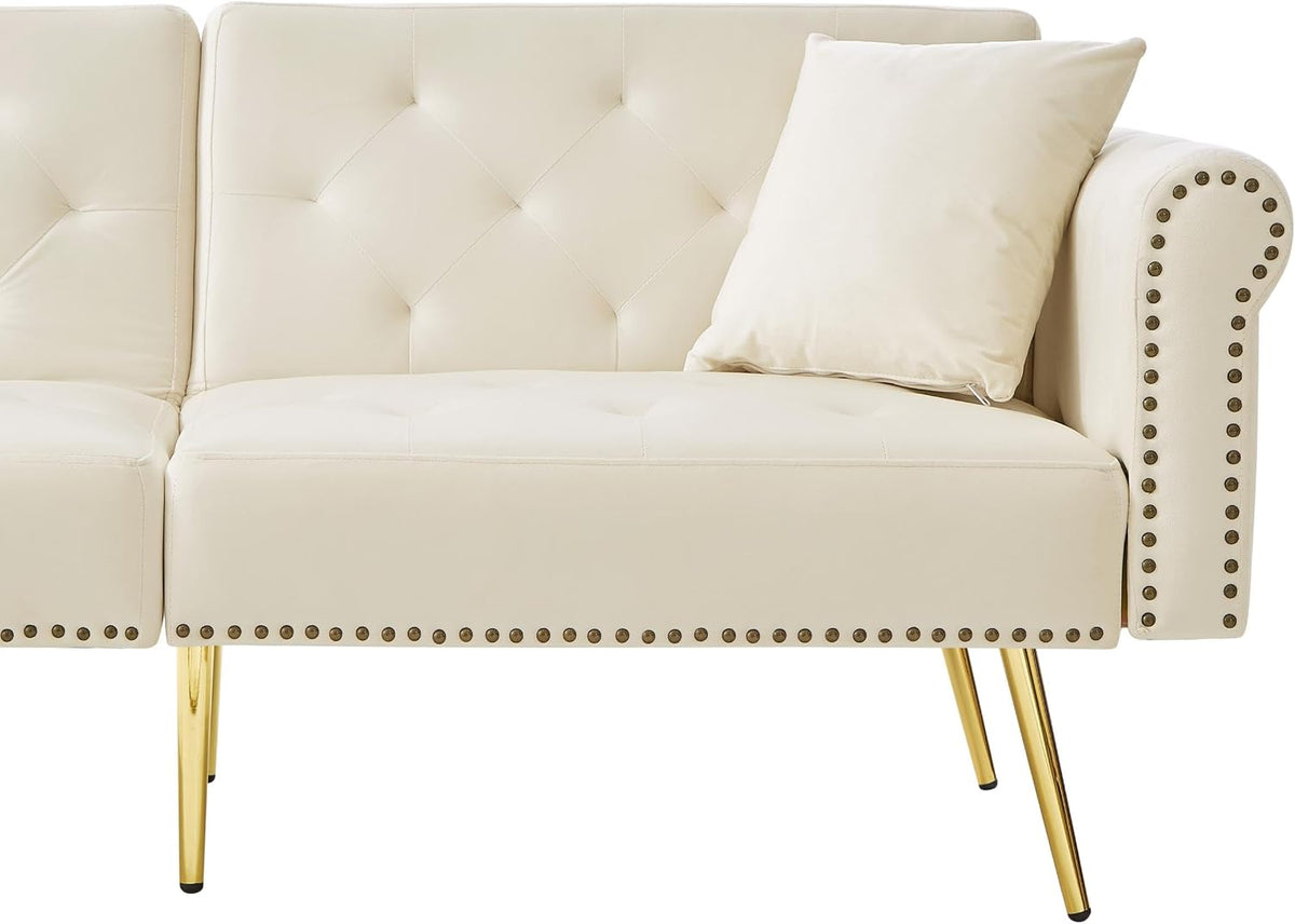Sofá cama moderno de 2 plazas, tapizado en terciopelo, respaldo ajustable en 3 niveles y patas de metal doradas, elegante sofá con función de dormir, ahorra espacio, resistente, 173 x 75 x 70 cm