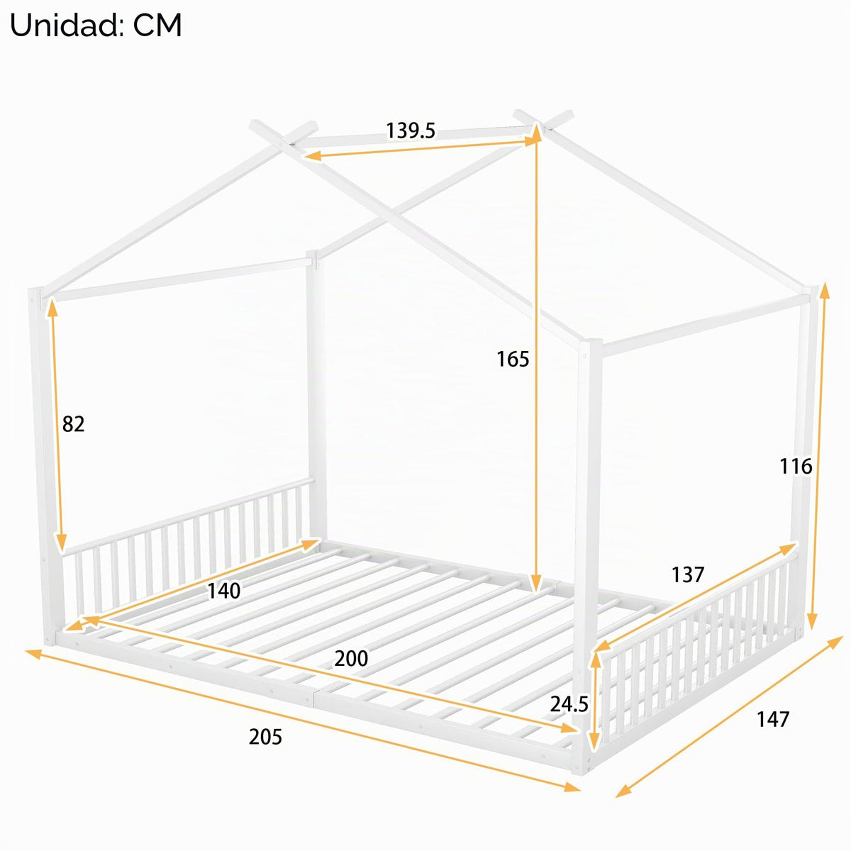 Cama infantil de 90 x 200 cm, dos camas de 90 cm con protección anticaídas, cama doble con modelado de casa, marco de hierro, color blanco, ideal para 2 niños