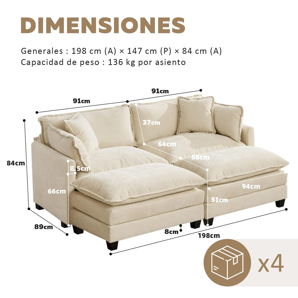 Sofá Modular Modular de 380.0 cm en Forma de L, sofás Convertibles de Gran tamaño, sofá de felpilla de 4 plazas con Asiento Profundo SleeperCloud con Almohadas y 2 otomanas para Sala de