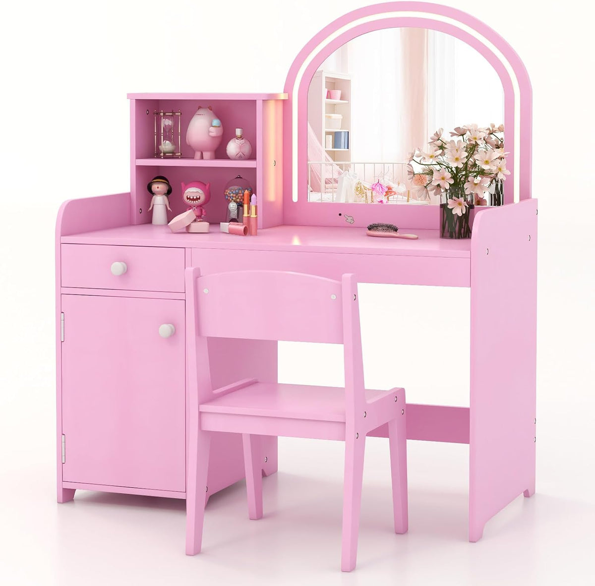 LIFEZEAL 2 en 1 Set de Tocador Niños, Tocador Infantil con Cajón y Estante, Mesa de Maquillaje con Espejo LED y Taburete, para Niñas a Partir de 3 Años