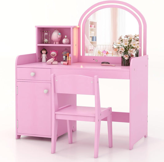 LIFEZEAL 2 en 1 Set de Tocador Niños, Tocador Infantil con Cajón y Estante, Mesa de Maquillaje con Espejo LED y Taburete, para Niñas a Partir de 3 Años