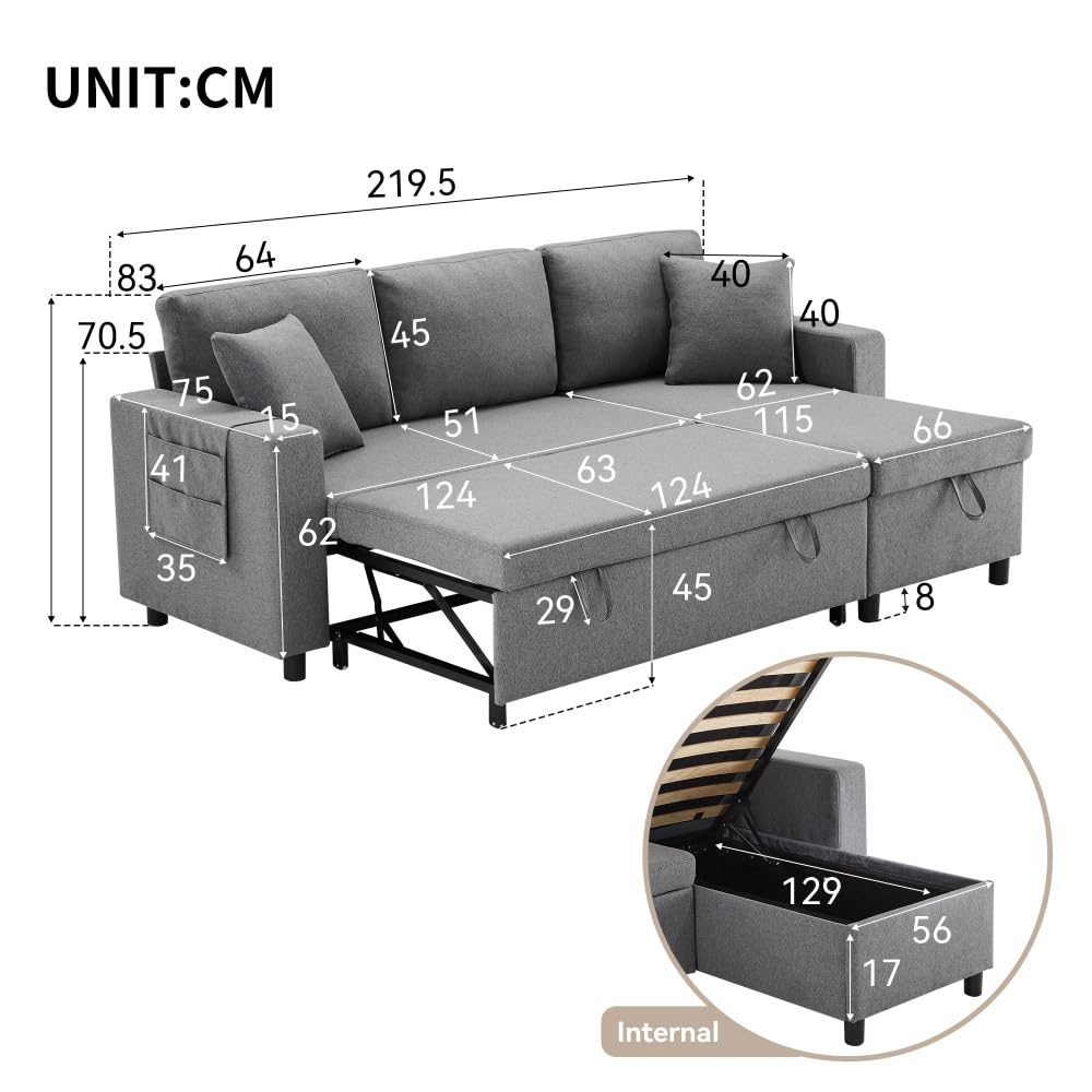 Sofá esquinero extensible en forma de L con puerto USB y portavasos, sofá cama de 4 plazas con función cama, sofá convertible con espacio de almacenamiento y reposabrazos, cojines, chenilla