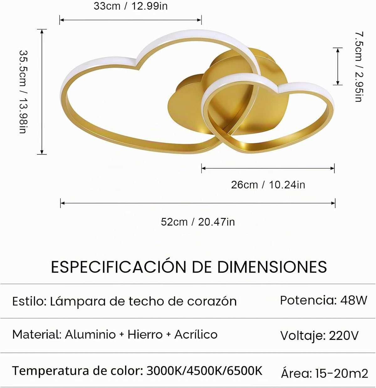 Riserva Plafon Techo LED Regulable 48W, Forma de Corazón, 3000K-6500K, Oro