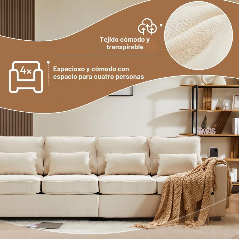 Lubvtti Sofá moderno de 4 plazas con bolsillos para reposabrazos y 4 cojines, con consola, 2 portavasos y 2 enchufes USB, de lino, adecuado para muchas ocasiones (Dark Gris+USB)