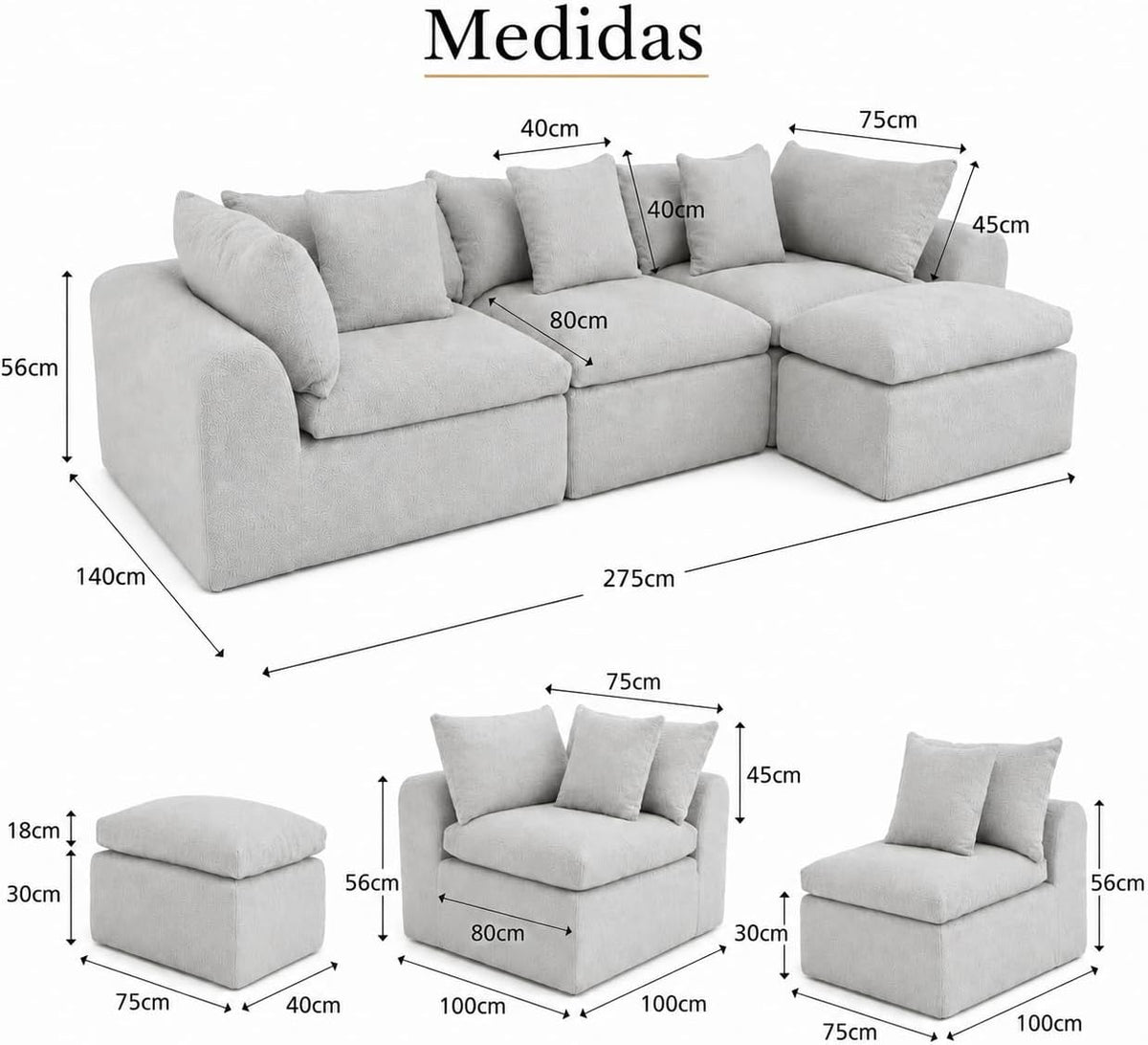 Sofá cama con respaldo en forma de L de 275 cm, 4 plazas, de terciopelo nube, con otomana izquierda y derecha, sin montaje, moderno sofá de salón para salón (gris)