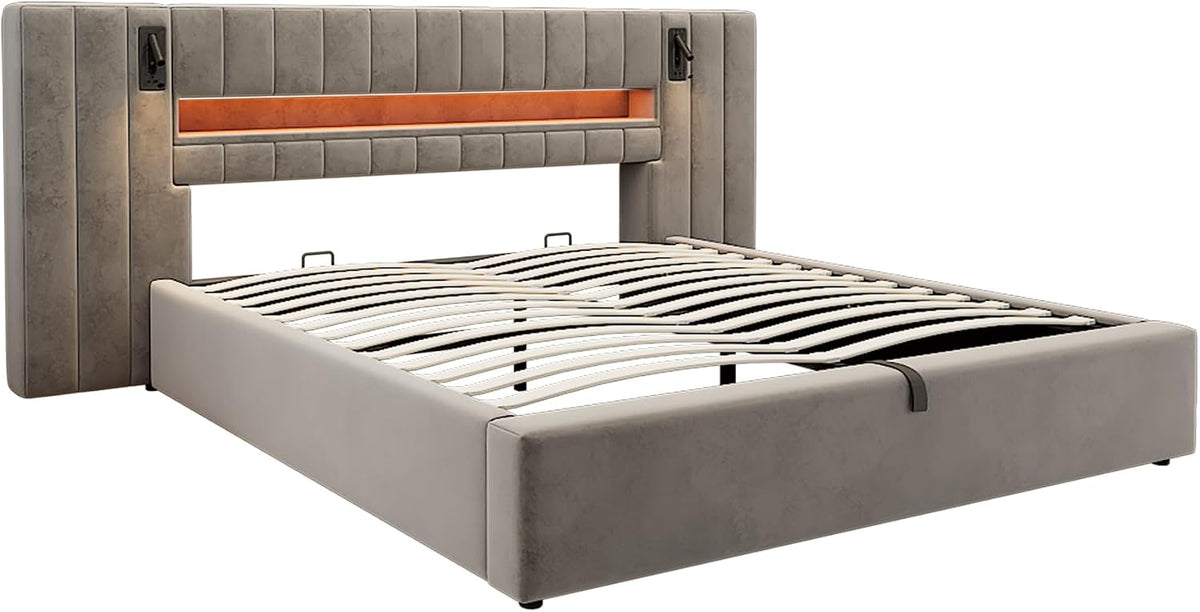 Cama 180x200 cm Camas Matrimoniales con LED y Lámpara de Noche, Cama Doble Tapizada con USB y Cabecero Ancho, Almacenaje Hidráulico, Soporte de Lamas de Madera, Terciopelo, Sin Colchón, Gris