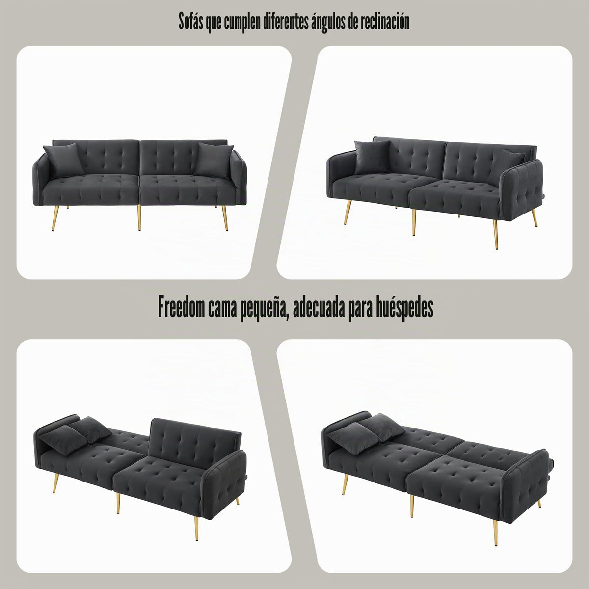 Sofá cama con esquinas ajustables, patas doradas, almohadas y bolsillos laterales para almacenamiento (Bavia)