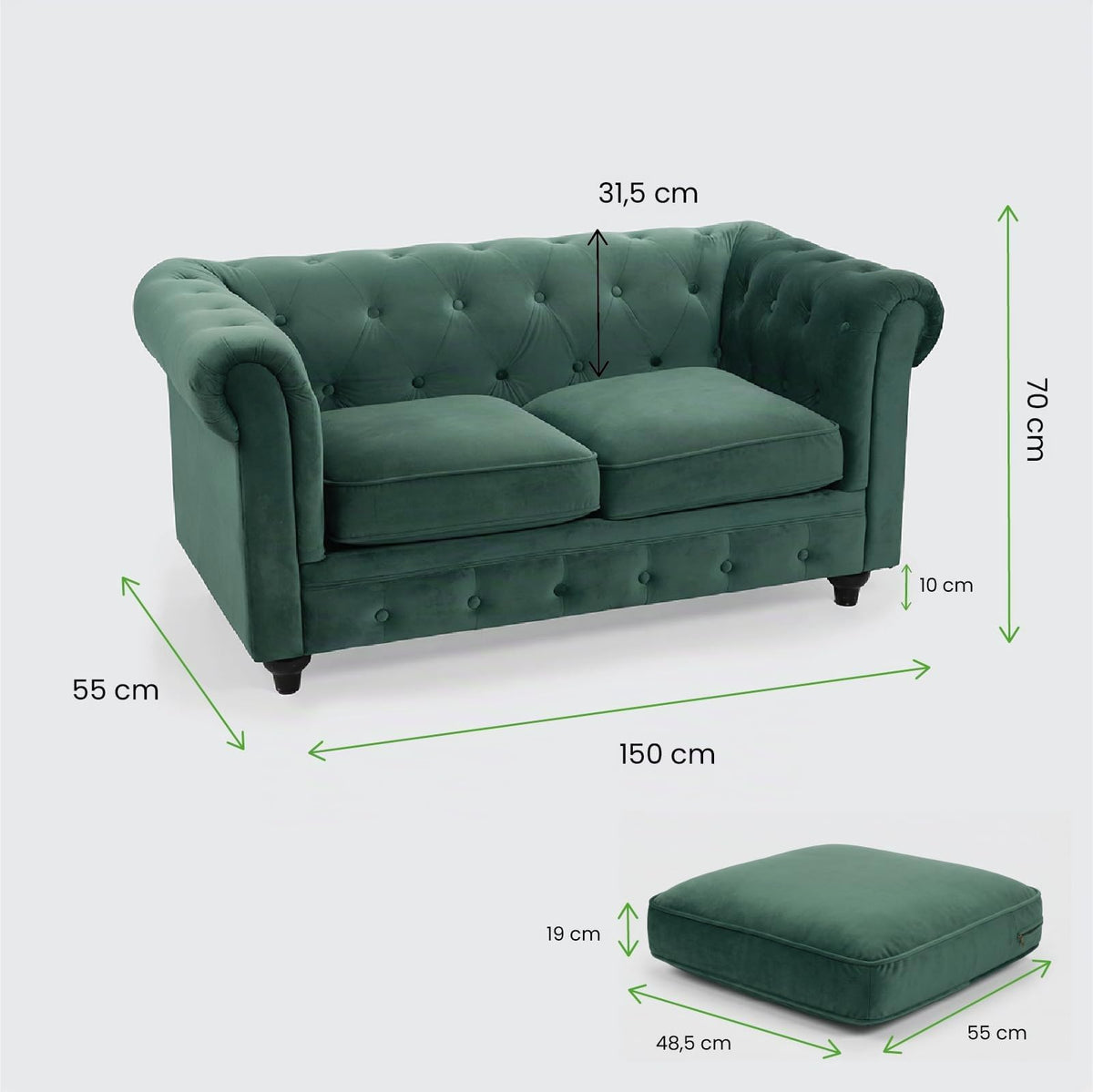 Sofá Chesterfield 3 Plazas | Terciopelo Verde Vintage