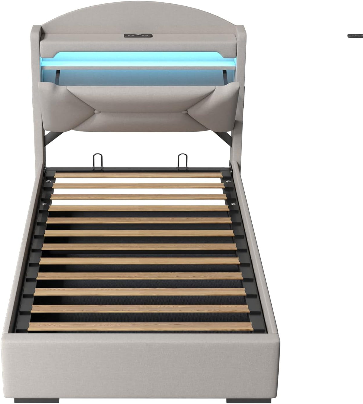 Cama 90x200 cm con Almacenamiento, Cama Individual con LED, Puertos USB y Type-C, Somier 90x200 Hidráulico, Camas Juveniles Camas Infantiles con Cabecero, Lino, Beige, Colchón No Incluido