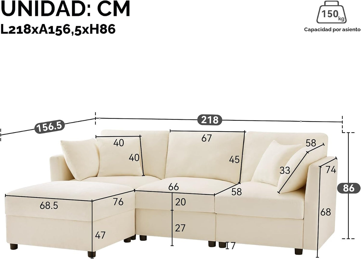 Sofá cama convertible de 3 plazas, sofá esquinero en forma de L con reposapiés, 4 almohadas, reposabrazos ajustables, cómoda tela de chenilla, adecuado para sala de estar, oficina, apartamento