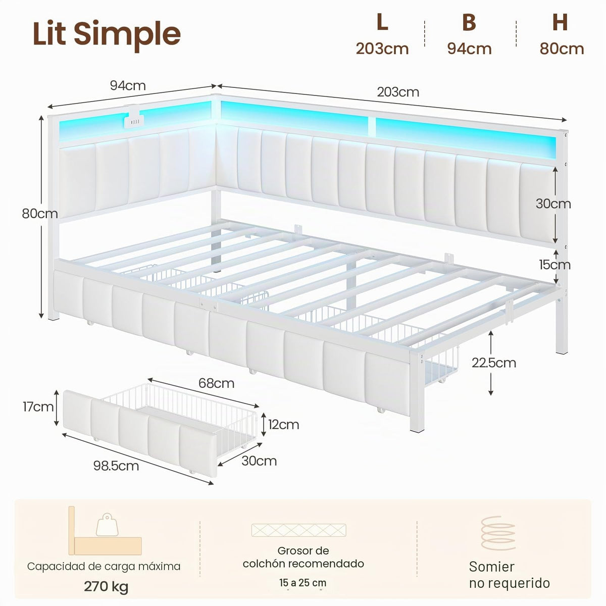 DICTAC Cama Tapizada Sofá Cama 90 x 190 cm con iluminación LED y Toma USB,Camas Juvenil con 2 cajones de Almacenamiento, Estructura de Cama de 90x190 con somier de láminas de Metal, Gris Oscuro