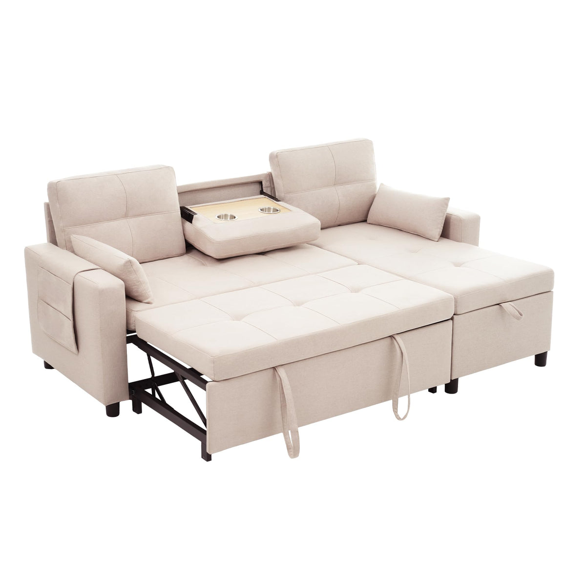 Bladez Sofá cama extensible en forma de L de lino con espacio de almacenamiento, soporte para bebidas, sofá modular de 3 plazas para salón (gris)