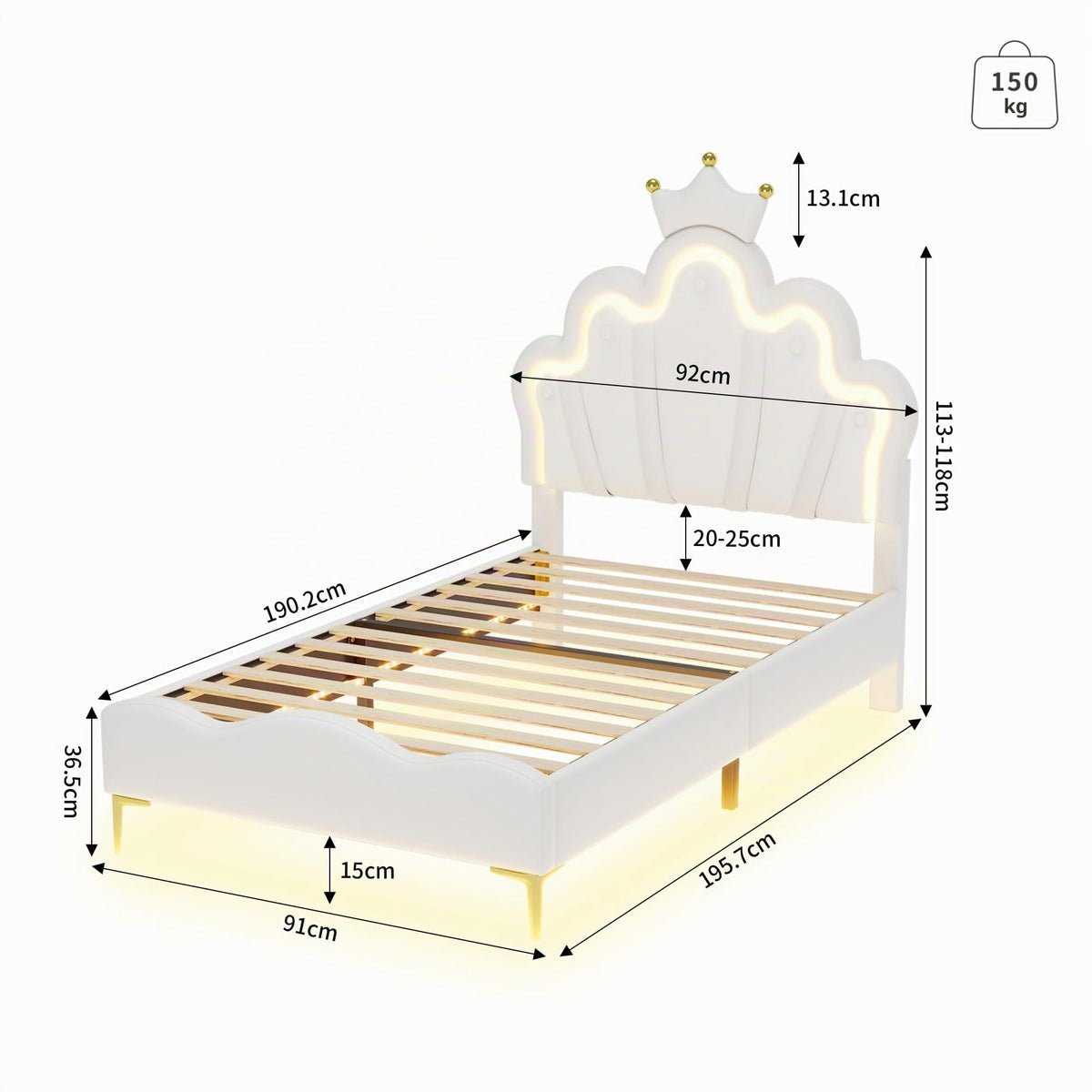 Cama Infantil tapizada 140 x 200 cm con LED, Cama tapizada para niños 140 x 200 con cabecera Ajustable Marco de Camas, Camas de Princesa para Niña en Forma de Corona con Somier(Rosa, 140 x 200)