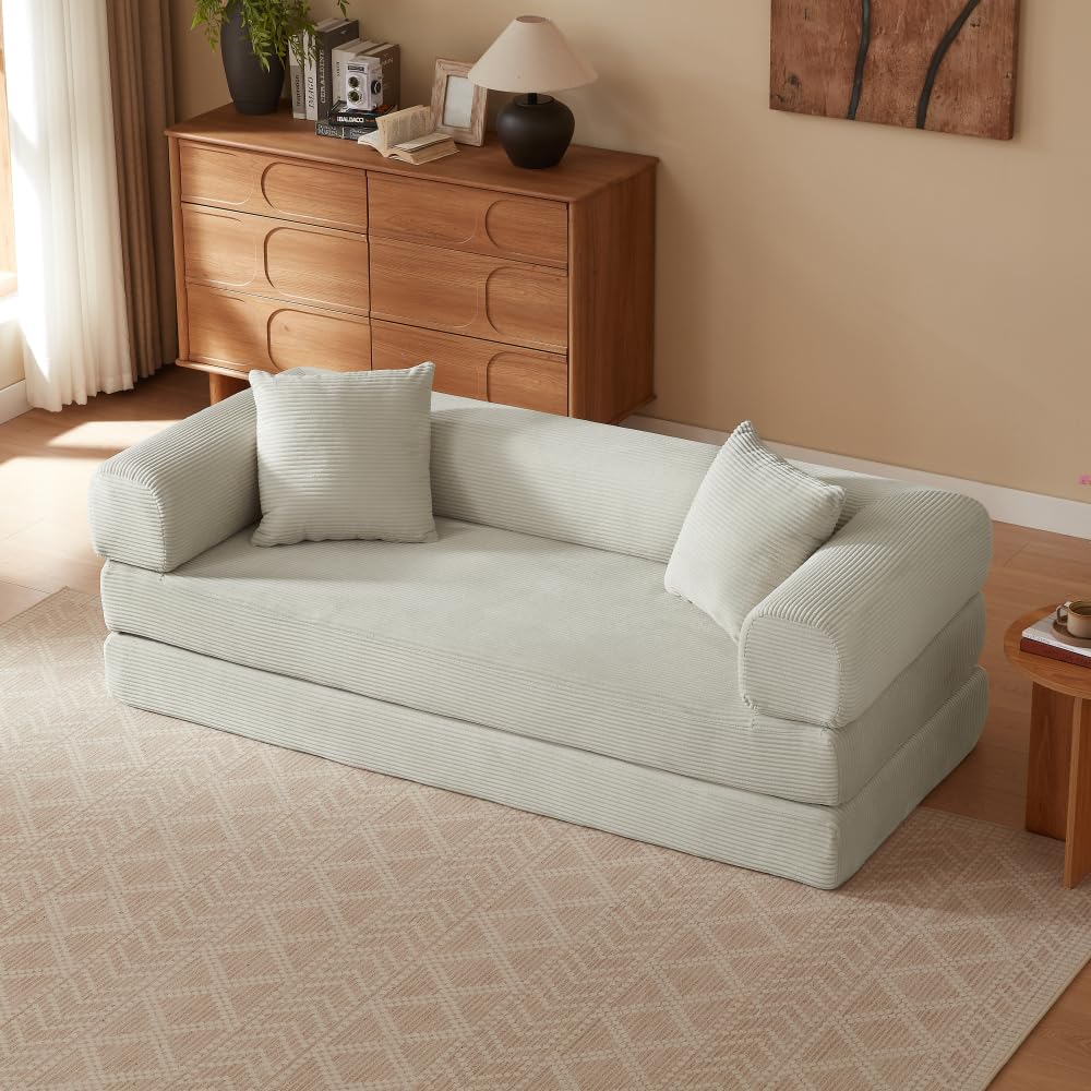 Sapgaks Sofá Convertible, Sofá Cama, Sofá 2 Plazas sin Marco, Sofá Plegable de Compresión, Diseño Cuadrado Clásico, No requiere Montaje (Verde-1)