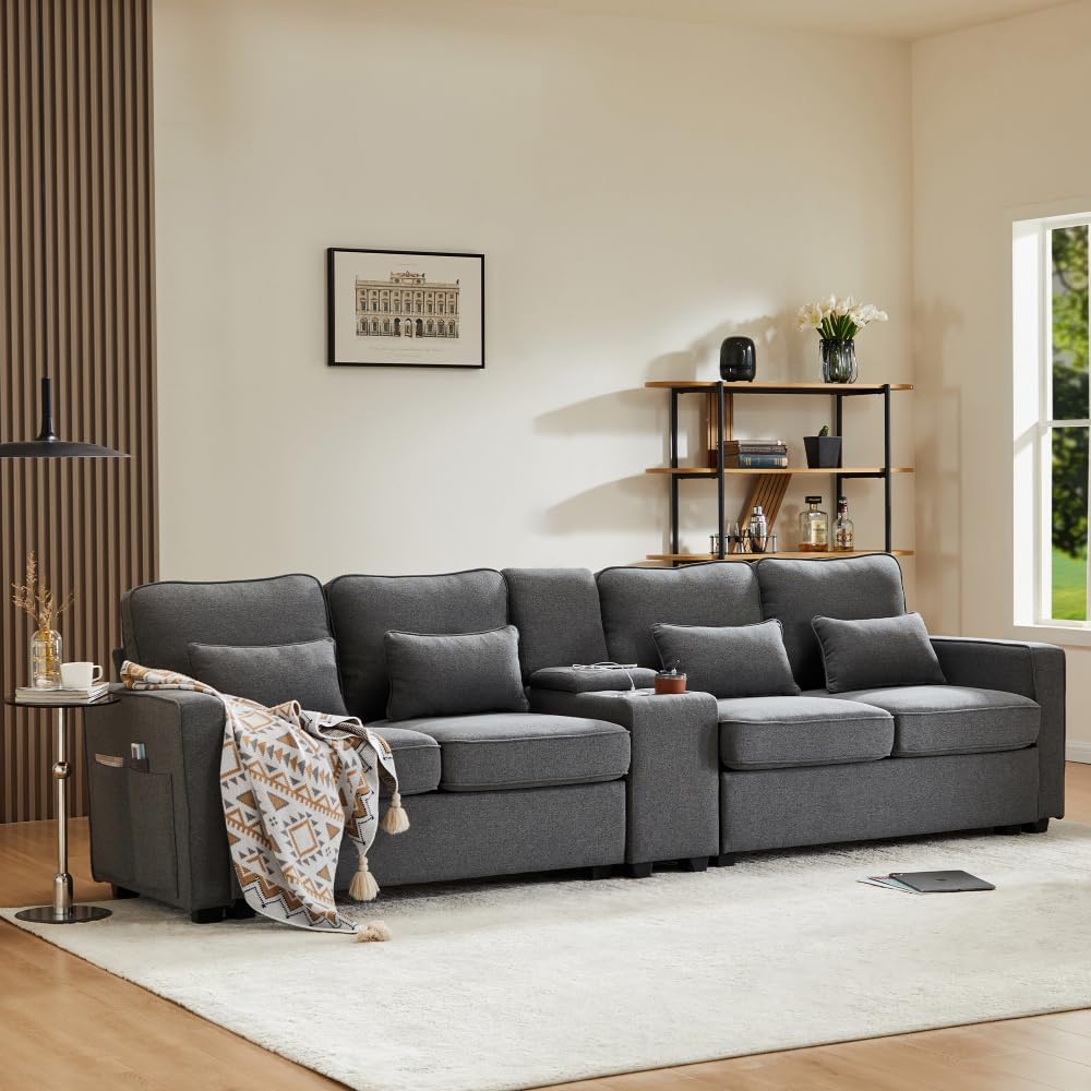 Lubvtti Sofá moderno de 4 plazas con bolsillos para reposabrazos y 4 cojines, con consola, 2 portavasos y 2 enchufes USB, de lino, adecuado para muchas ocasiones (Dark Gris+USB)
