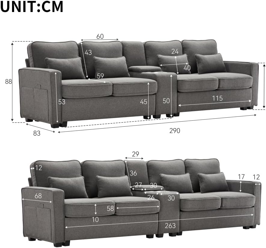 Lubvtti Sofá moderno de 4 plazas con bolsillos para reposabrazos y 4 cojines, con consola, 2 portavasos y 2 enchufes USB, de lino, adecuado para muchas ocasiones (Dark Gris+USB)