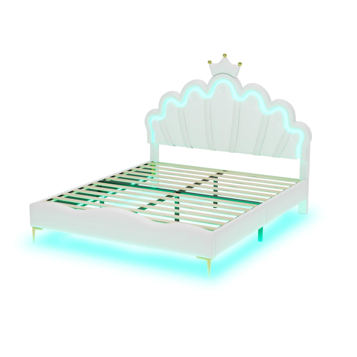 Cama Infantil tapizada 140 x 200 cm con LED, Cama tapizada para niños 140 x 200 con cabecera Ajustable Marco de Camas, Camas de Princesa para Niña en Forma de Corona con Somier(Rosa, 140 x 200)