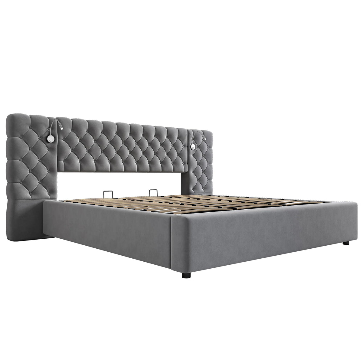 Cama 180x200 cm Camas Matrimoniales con LED y Lámpara de Noche, Cama Doble Tapizada con USB y Cabecero Ancho, Almacenaje Hidráulico, Soporte de Lamas de Madera, Terciopelo, Sin Colchón, Gris