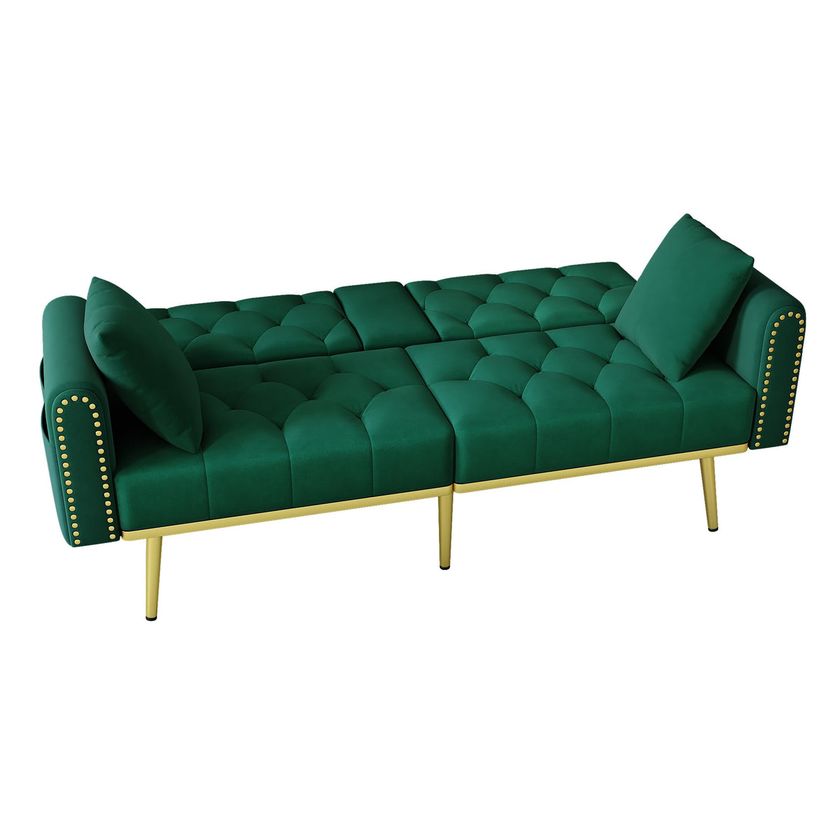Azkoeesy Sofá cama de 2 plazas con soporte para bebidas, 175 cm, sofá cama con función de dormir, respaldo ajustable en 3 posiciones, patas metálicas doradas y remaches, para sala de estar y cine en