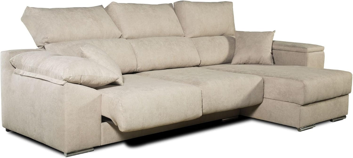 Sofá Chaise Longue Corsa Moderno y Contemporáneo | Confort Máximo con Asientos Deslizantes y Respaldos Reclinables | Tela Antimanchas Aqualine, Arcón de Almacenaje, Hecho en España – Beige Derecha