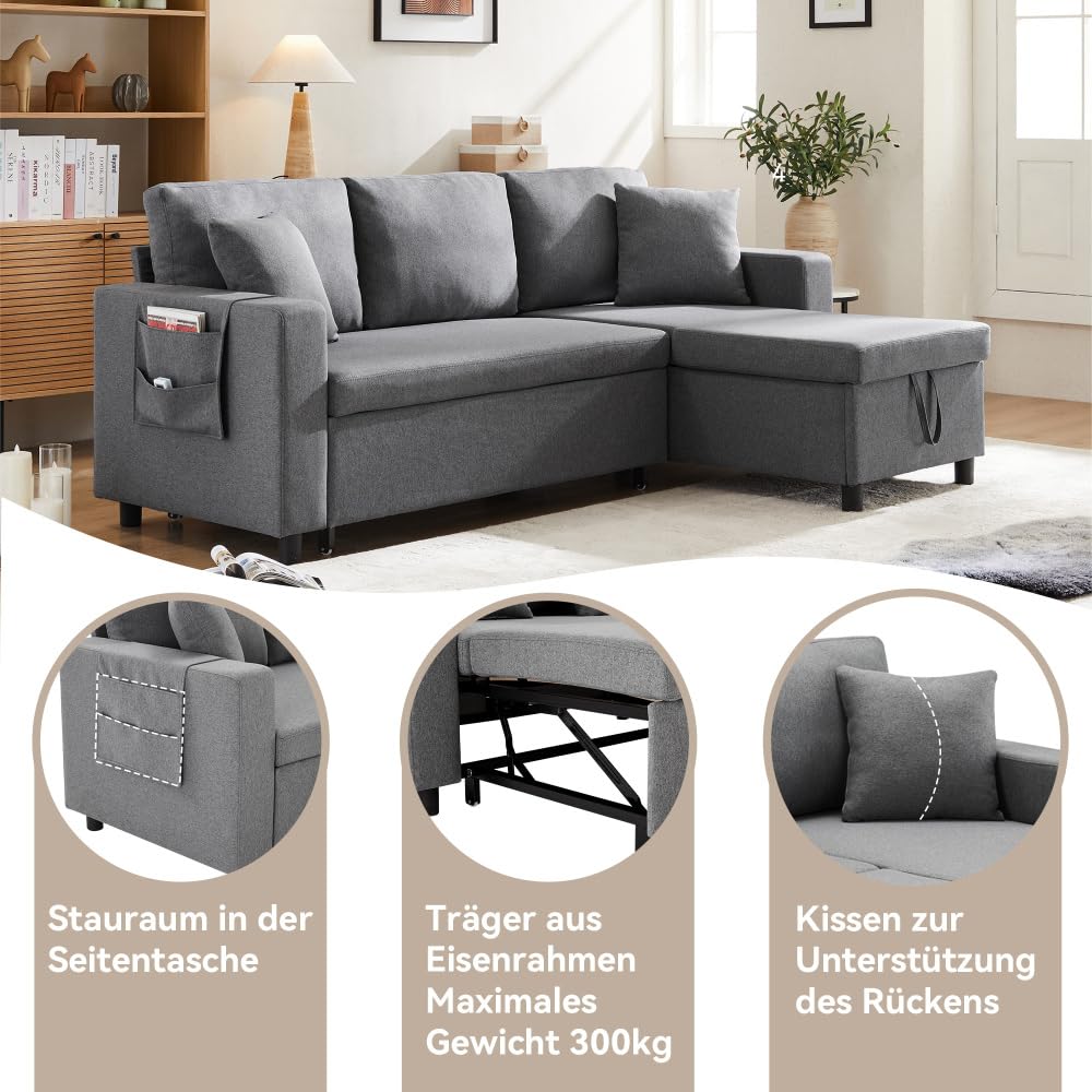 Sofá esquinero extensible en forma de L con puerto USB y portavasos, sofá cama de 4 plazas con función cama, sofá convertible con espacio de almacenamiento y reposabrazos, cojines, chenilla