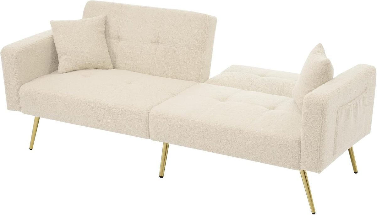 Sofá cama con esquinas ajustables, patas doradas, almohadas y bolsillos laterales para almacenamiento (Bavia)