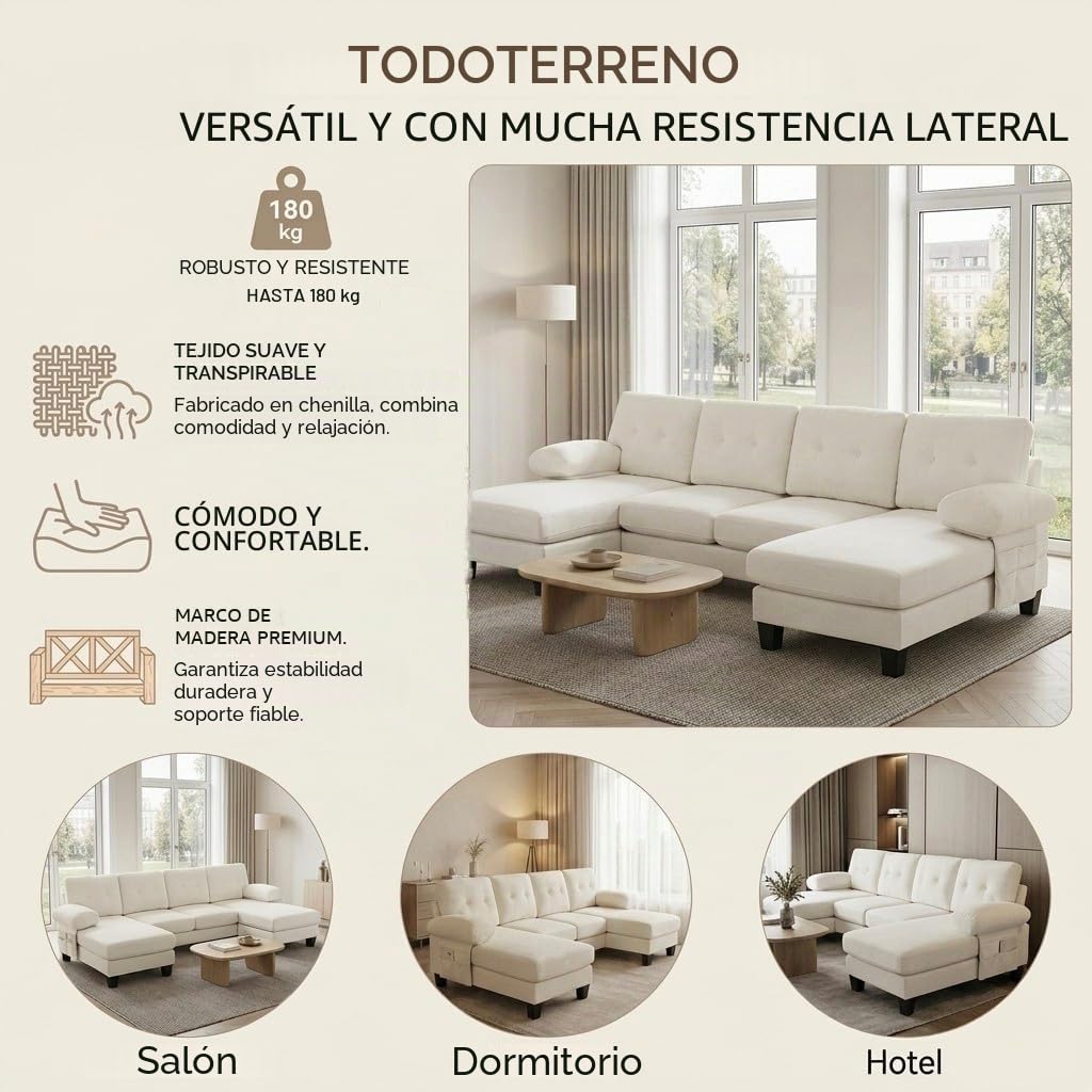 Sofá modular de 6 plazas, sofá esquinero en forma de L/U, puertos USB/tipo C, portavasos y espacio de almacenamiento, tela de chenilla, 7 cojines, salón, dormitorio y oficina, color beige