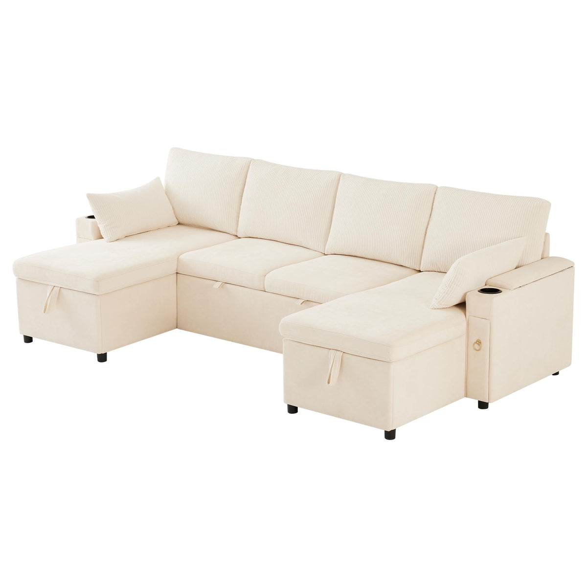 Kebnor Sofá cama de cuatro plazas en forma de U con soporte para bebidas, sofá de esquina con espacio de almacenamiento y función de descanso. Incluye soporte para bebidas y almohadas. Sofá