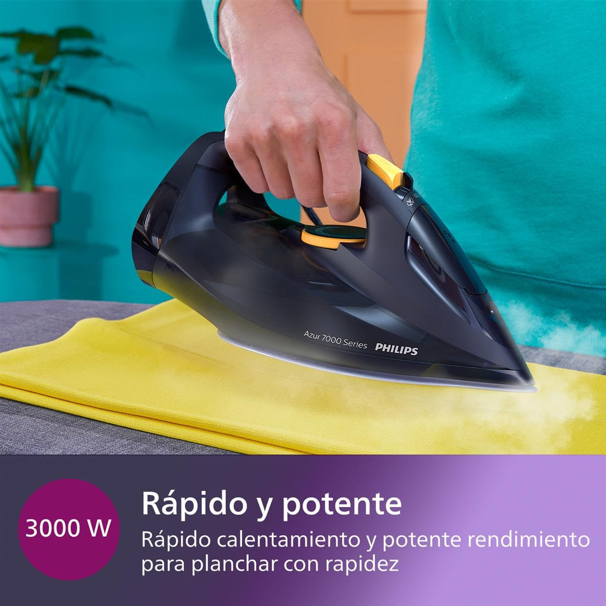 Philips Azur Series 7000 Plancha de vapor - 2800 W, 50 g/min de vapor continuo, 250g de golpe de vapor, vapor vertical, suela SteamGlide Plus, Louros/Algodón Azul (DST7020/20)