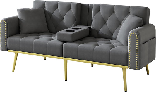 Azkoeesy Sofá cama de 2 plazas con soporte para bebidas, 175 cm, sofá cama con función de dormir, respaldo ajustable en 3 posiciones, patas metálicas doradas y remaches, para sala de estar y cine en