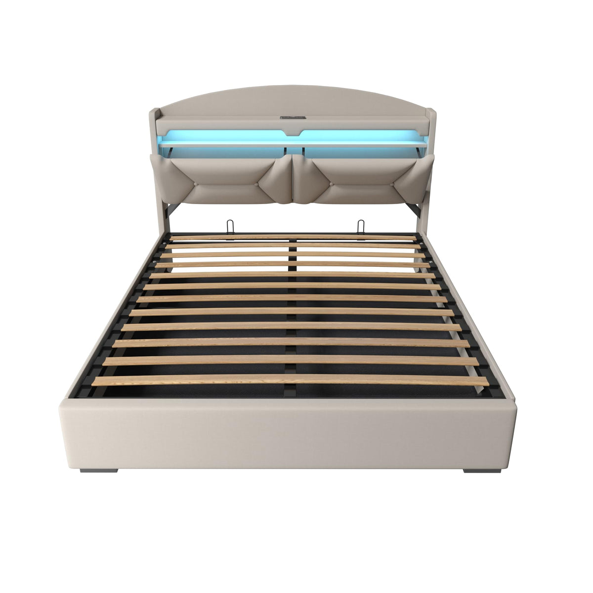 Cama 90x200 cm con Almacenamiento, Cama Individual con LED, Puertos USB y Type-C, Somier 90x200 Hidráulico, Camas Juveniles Camas Infantiles con Cabecero, Lino, Beige, Colchón No Incluido