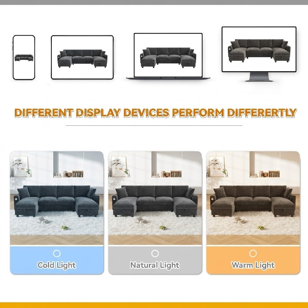 Sofá moderno de chenilla en forma de U con chaise longue, sofá esquinero de 4 plazas con espacio de almacenamiento, puerto USB y tipo C, modular, con soporte para bebidas y cojines suaves