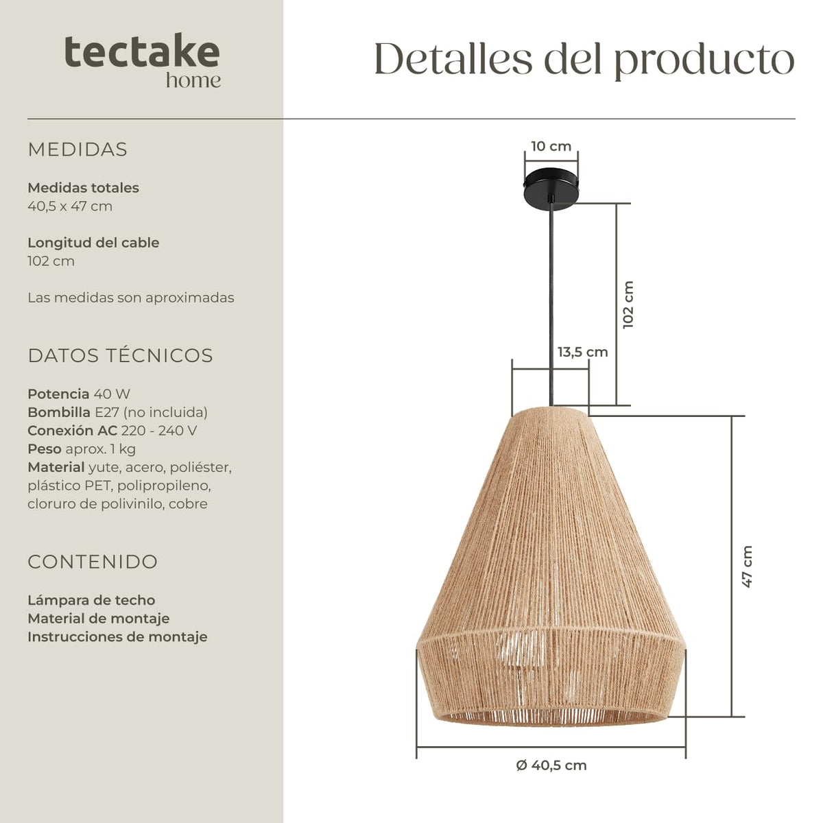 tectake® Lampara Techo Dormitorio Boho Artesanal en Yute Sostenible con Estructura de Acero, Lámpara de Techo Colgante Salón 40 W, Lampara Salon, Plafon - 45 x 45 x 27,5 cm