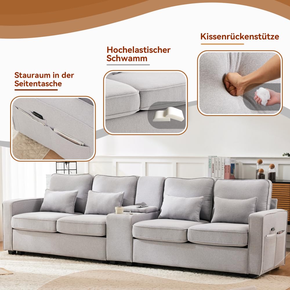 Lubvtti Sofá moderno de 4 plazas con bolsillos para reposabrazos y 4 cojines, con consola, 2 portavasos y 2 enchufes USB, de lino, adecuado para muchas ocasiones (Dark Gris+USB)