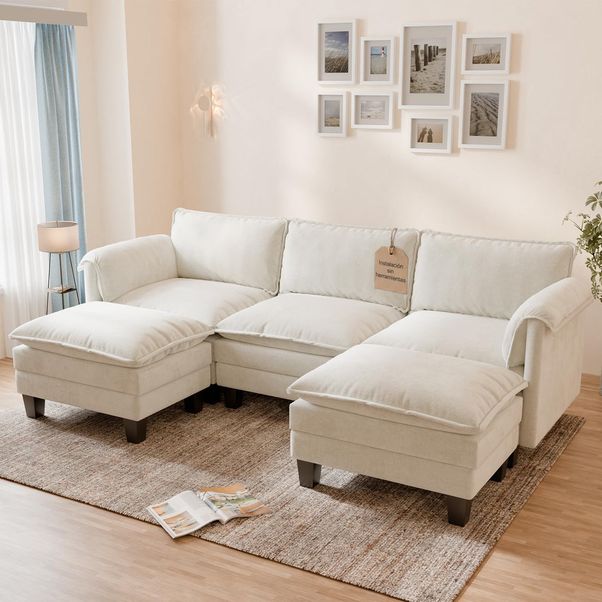 ELUCHANG Sofá Nube Modular 256cm, Sofá de 3 Plazas con Asiento Profundo 62cm, Montaje sin Herramientas, Sofá Moderno de Chenilla para Salón y Habitación, Gris Perla