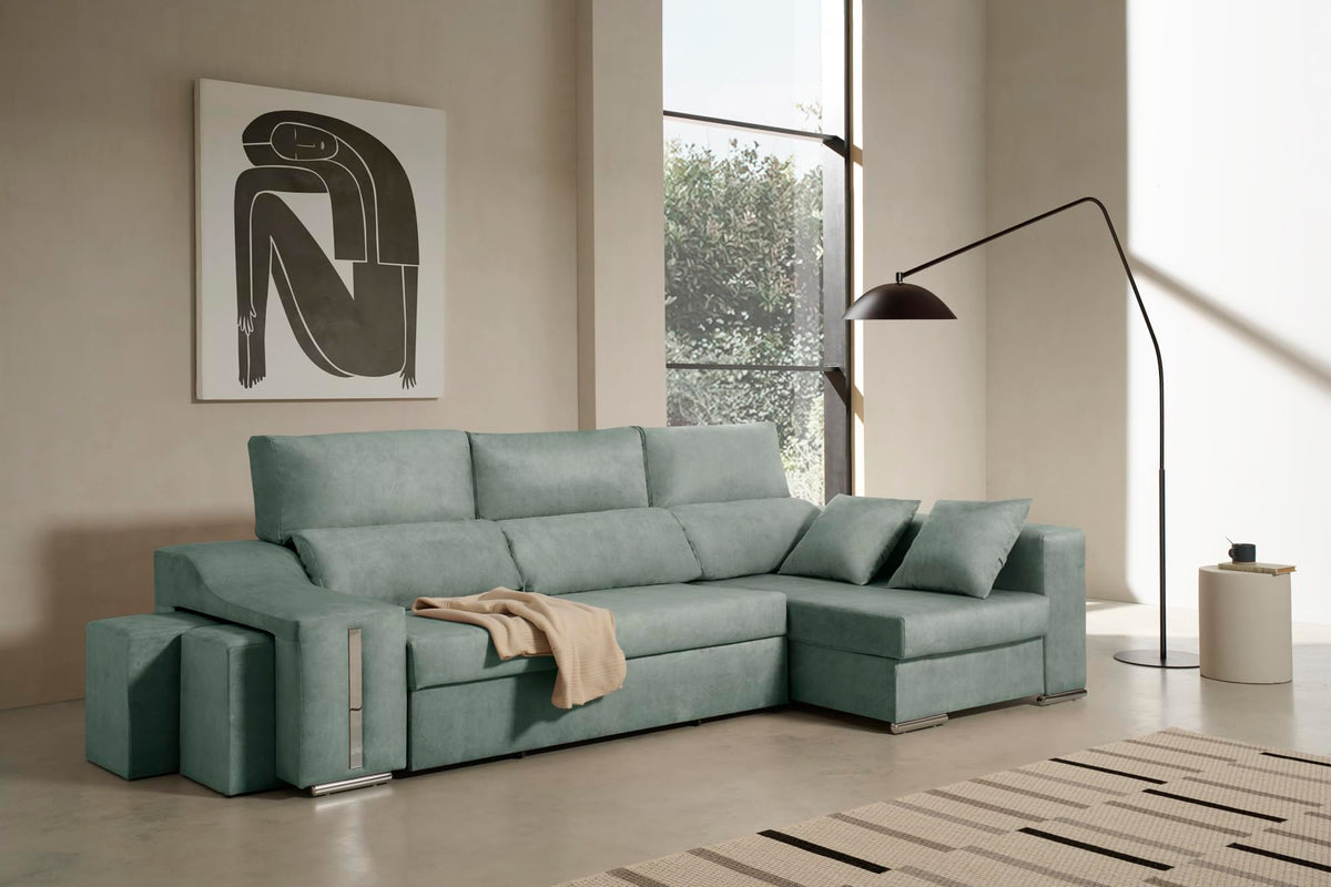 Sofa Chaise Longue Cama con Arcón y Puff Giuliana Agua Marina Izquierda