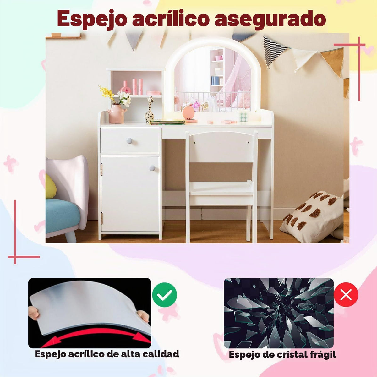 LIFEZEAL 2 en 1 Set de Tocador Niños, Tocador Infantil con Cajón y Estante, Mesa de Maquillaje con Espejo LED y Taburete, para Niñas a Partir de 3 Años